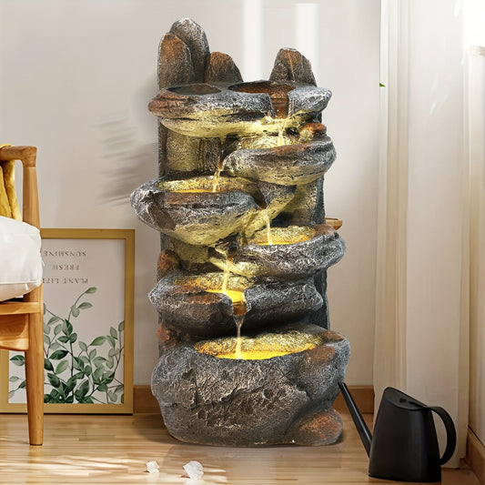 Outdoor Water Fountain 6-Tier Cascading Garden Fountain with LED Lights, Pump & Rocky Peak Decor – IPX5 Waterproof Stone Waterfall for Yard Patio