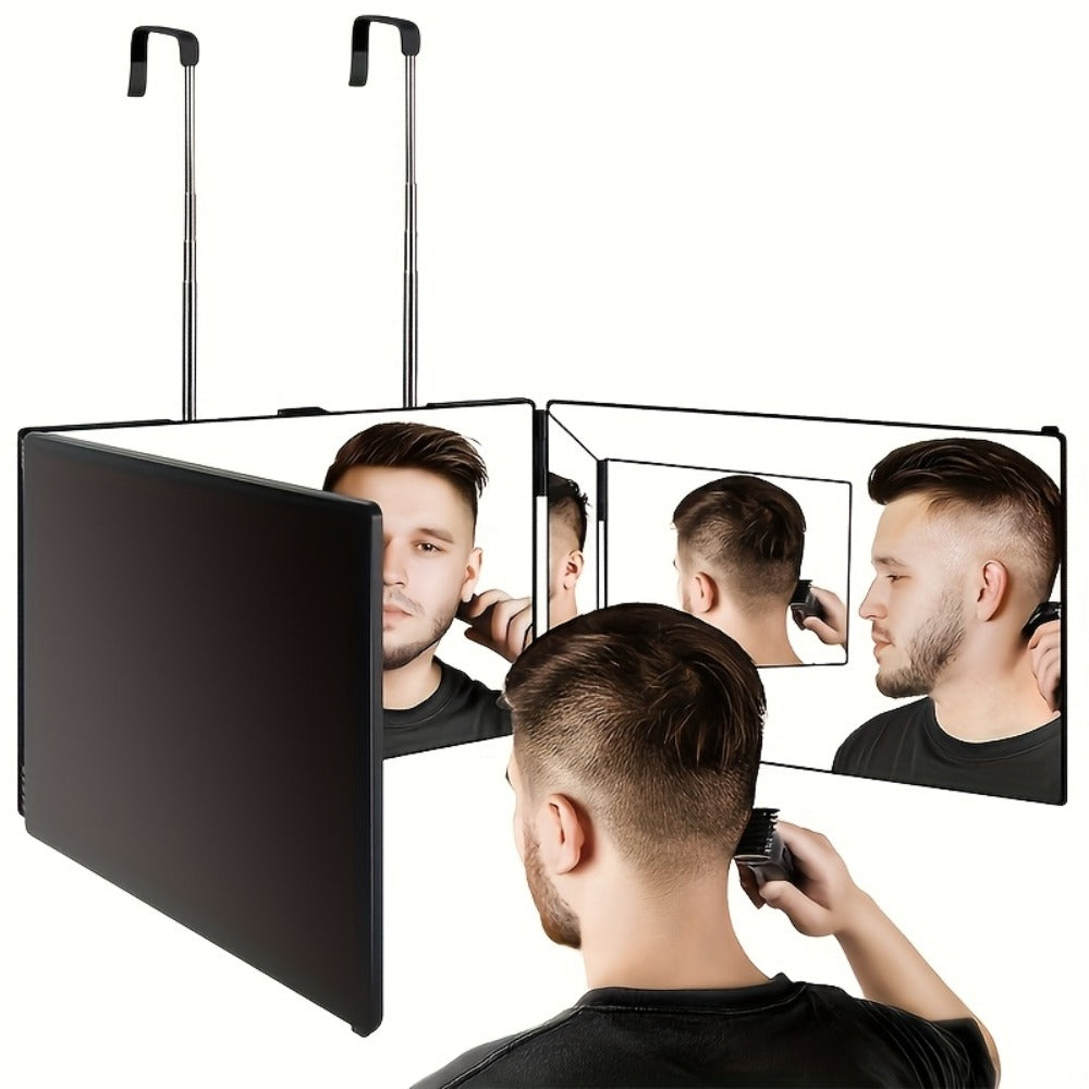 3 Way Mirror for Self Hair Cutting with LED Lights, 360° View Anti-Fog HD Glass USB Rechargeable Folding Barber Mirror for Home Salon