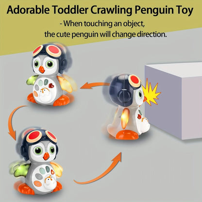 Musical Crawling Penguin Toy with Light-Up Wings, Moving Eyes and Four Front Control Buttons