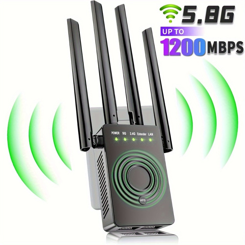 WiFi Range Extender 1200Mbps Dual-Band 2.4/5.8GHz with Four Antennas, WPS Control and Ethernet Port in Black