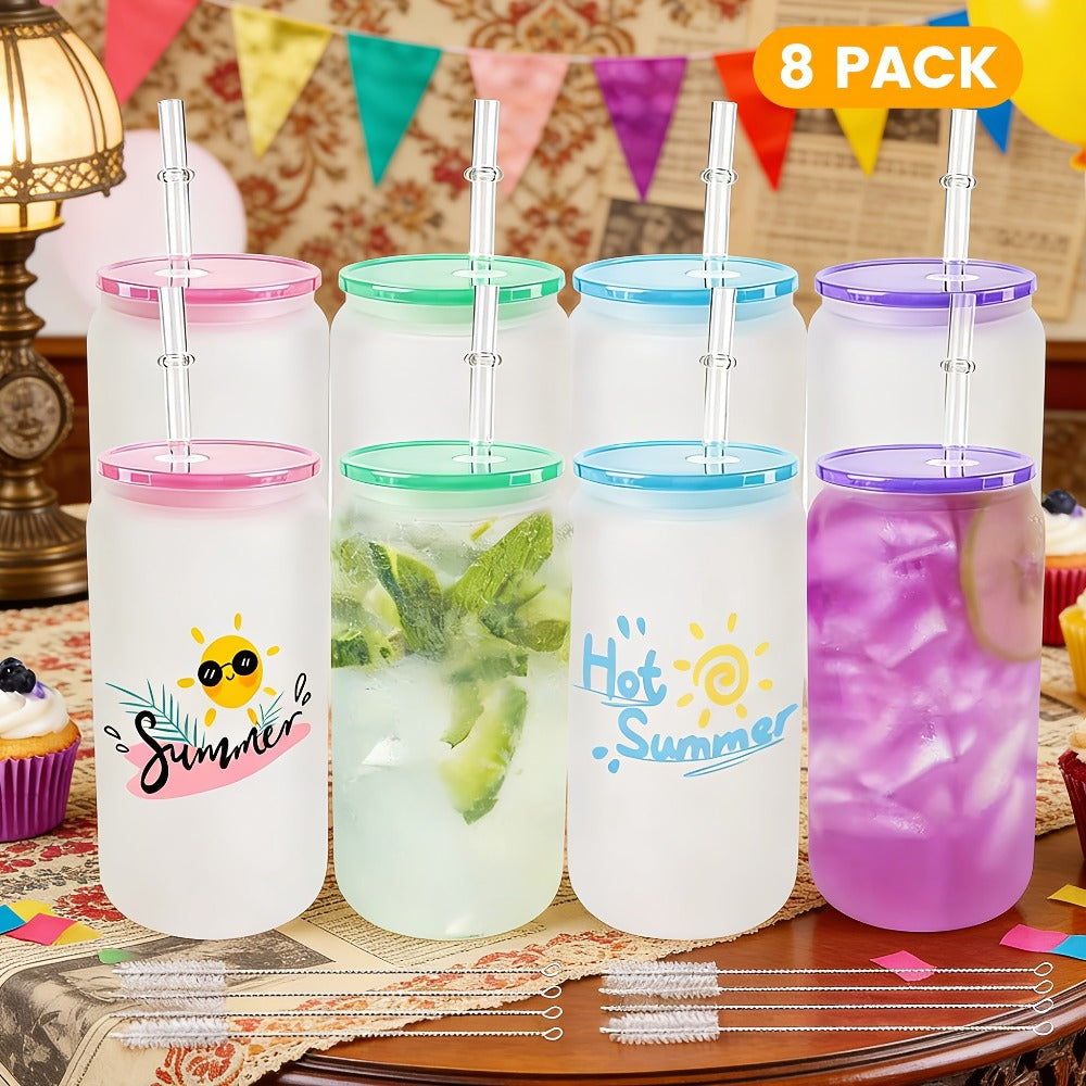 Frosted Sublimation Glass Tumblers 16oz Borosilicate Can Cups with Acrylic Lids – Set of 8 or 12 for Juice, Soda & Iced Coffee