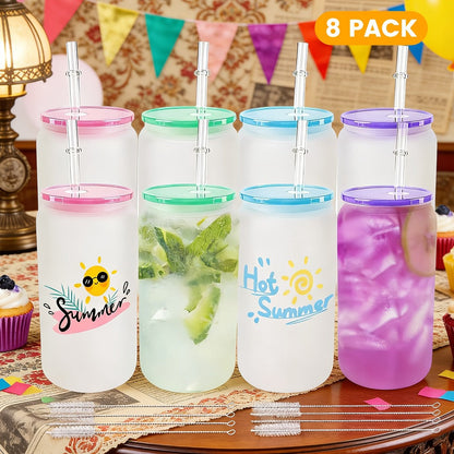 Frosted Sublimation Glass Tumblers 16oz Borosilicate Can Cups with Acrylic Lids – Set of 8 or 12 for Juice, Soda & Iced Coffee