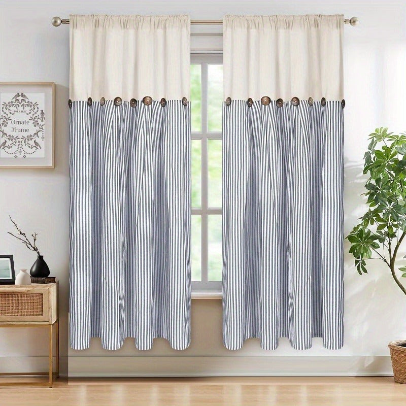 Striped Patchwork Window Curtain Set with Rod-Pocket Top, Six Colors and Five Panel-Count or Size Options