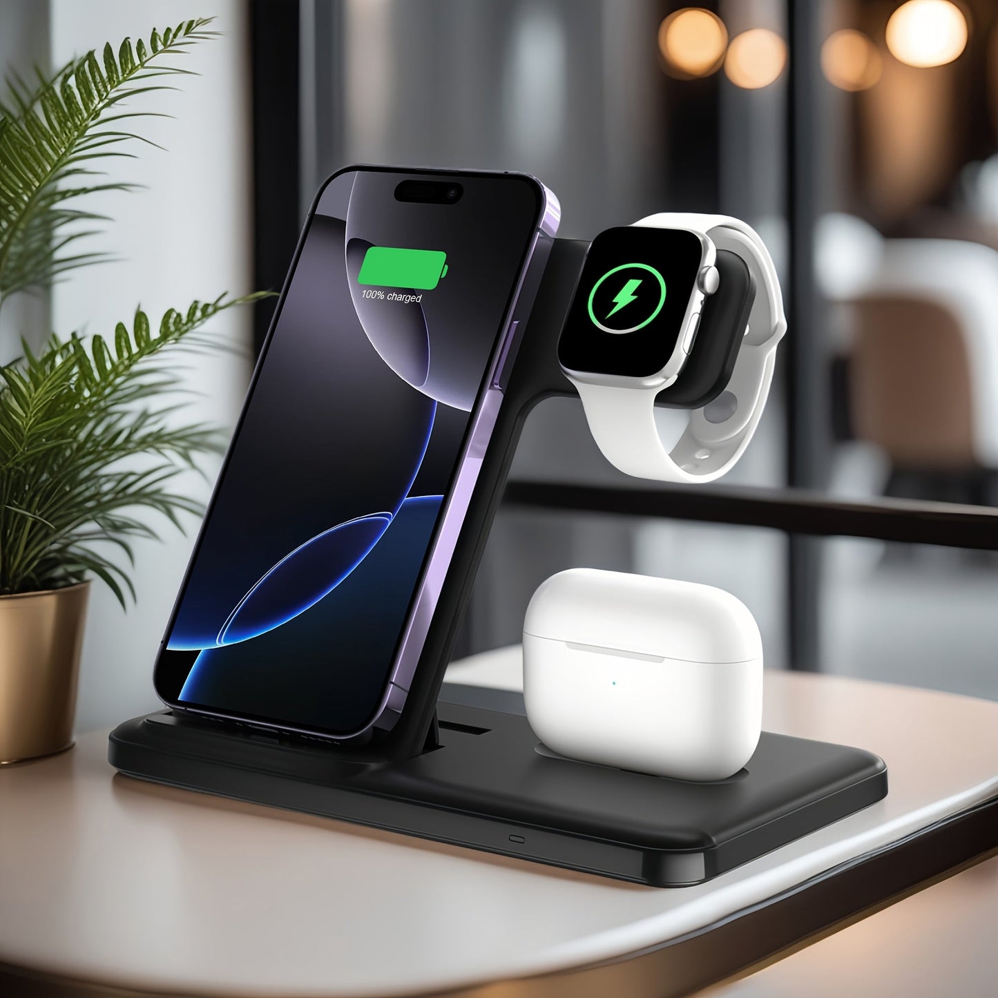 Wireless Charging Station, USB-C 3-in-1 Upright Dock for iPhone, Apple Watch and AirPods Models