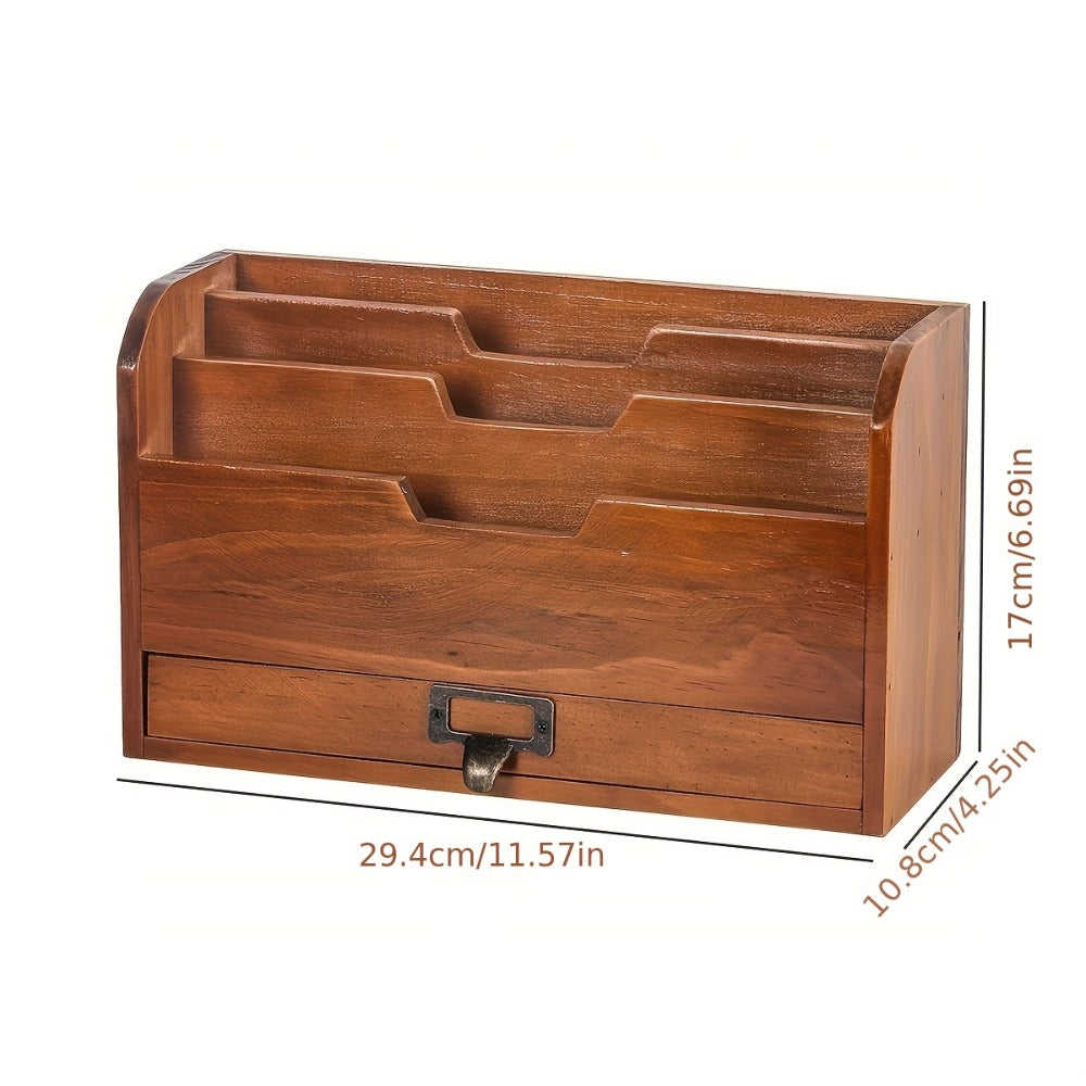 Wooden Desktop File and Letter Organizer with Tiered Compartments, Lower Drawer and 29.5 cm Wide Body