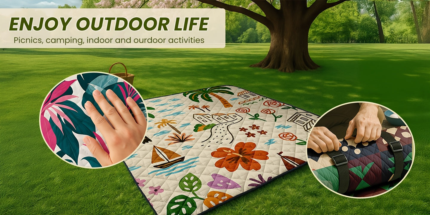 Large Padded Picnic Blanket with Carry Straps in Geometric, Palm-Village or Tropical Leaf Prints