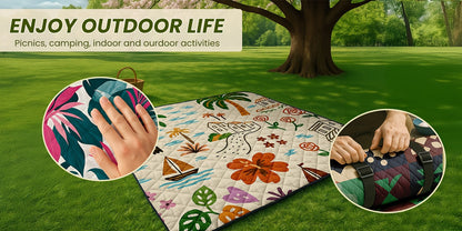 Large Padded Picnic Blanket with Carry Straps in Geometric, Palm-Village or Tropical Leaf Prints