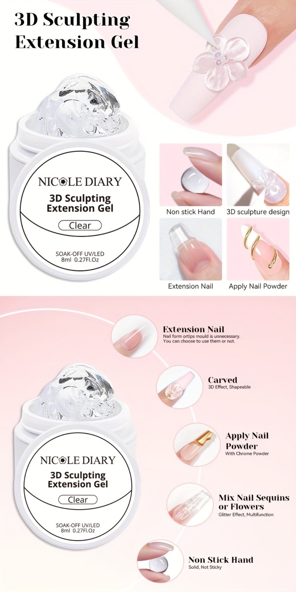 3D Sculpting Builder Gel Kit with Carving Pen — Clear & White Nail Extension Gel for Floral Nail Art, Acrylic Extensions & DIY Salon Manicure, Professional Nail Modeling Gel Set 2pcs or 3pcs for Women