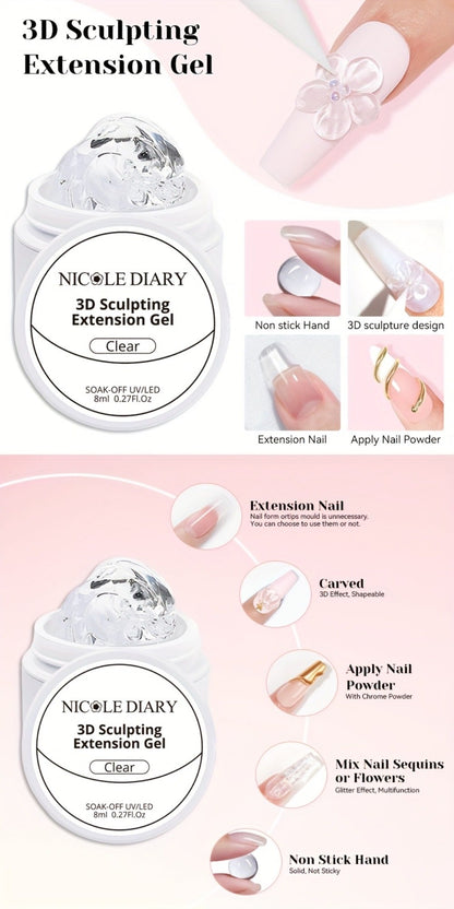 3D Sculpting Builder Gel Kit with Carving Pen — Clear & White Nail Extension Gel for Floral Nail Art, Acrylic Extensions & DIY Salon Manicure, Professional Nail Modeling Gel Set 2pcs or 3pcs for Women