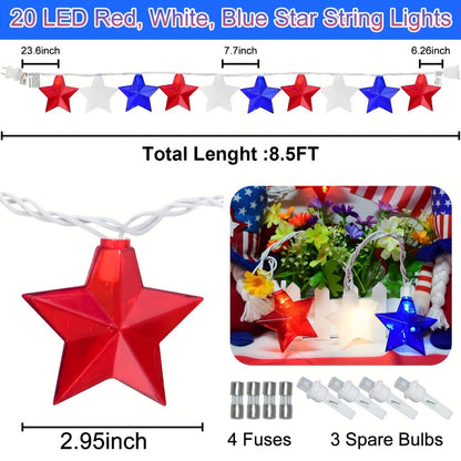 Patriotic Star String Lights July 4th Red White Blue LED Plug-In Indoor Outdoor Decor 8.5FT 12FT Memorial Day Independence Day Party Decoration