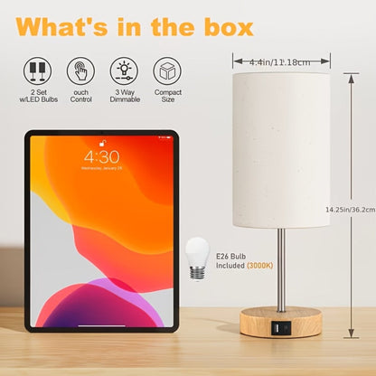 Table Lamp with Burlap Drum Shade, Wood Base, Three-Way Touch Dimming, USB-C Port and AC Outlet