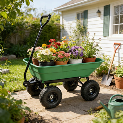 Garden Dump Cart 4-Wheel Heavy Duty Steel Frame Rust-Resistant Poly Bed Quick-Release Dump Feature Foldable D-Handle All-Terrain Yard Wagon for Landscaping Lawn