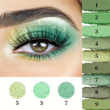 Eyeshadow Palette JUJU DREAM 9-Shade Green Compact with Avocado-Forest Color Theme and Matte-Shimmer Mix