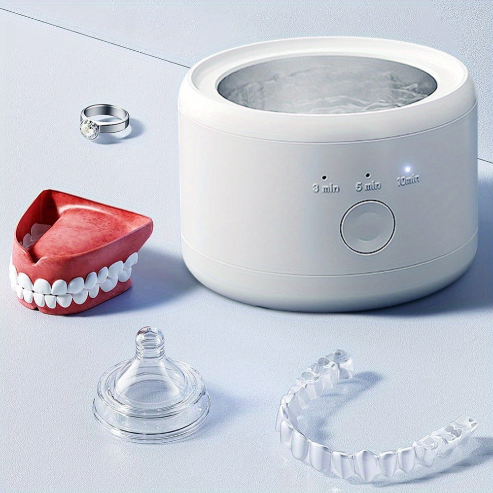 Electric Ultrasonic Cleaner Machine for Dentures Jewelry & Glasses — USB Rechargeable 3 Speeds Auto Timer 180ml Tank One-Touch Portable Dental Cleaning Device for Home & Travel