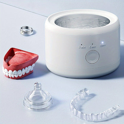 Electric Ultrasonic Cleaner Machine for Dentures Jewelry & Glasses — USB Rechargeable 3 Speeds Auto Timer 180ml Tank One-Touch Portable Dental Cleaning Device for Home & Travel
