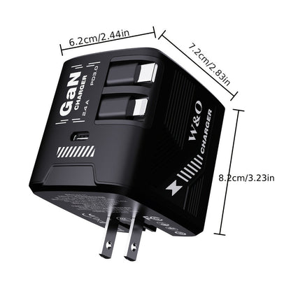 GaN Charger 120W with Lightning & Type-C Retractable Cables 47in, Foldable Plug USB-C Wall Adapter