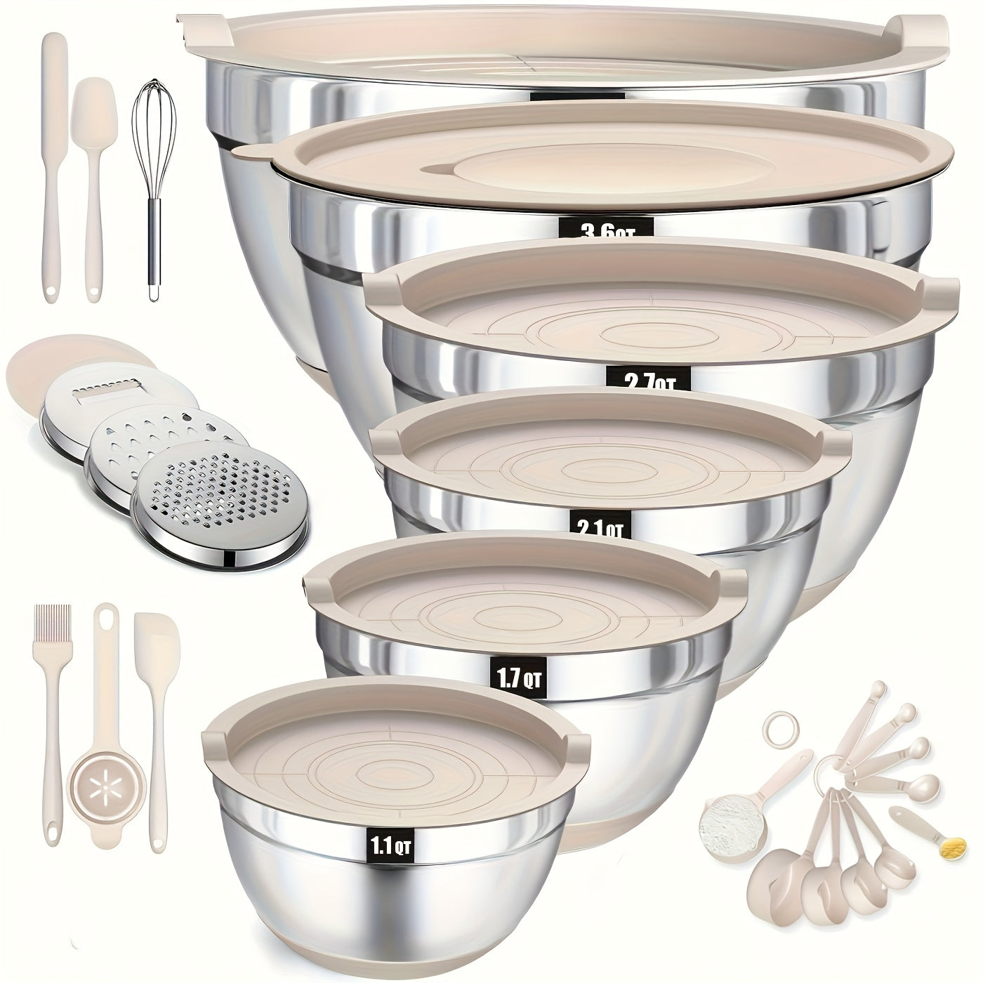 Twenty-Six-Piece Mixing Bowl and Kitchen Tool Set with Six Bowls in Khaki, Black or Color Options