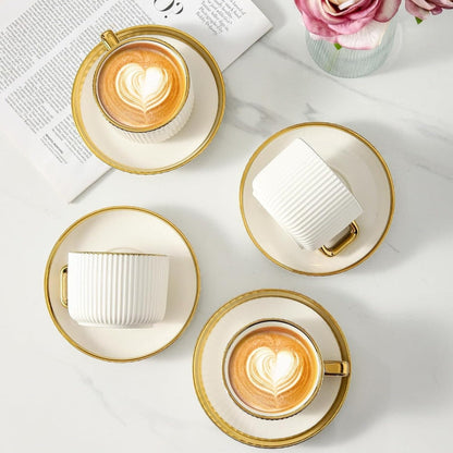 Ceramic Cappuccino Cups with Saucers Set of 6 – 8oz Coffee Mugs with Golden Trim, Latte Art Cups for Espresso Mocha, British Italian Style Café Cups and Saucer Sets for Home Kitchen