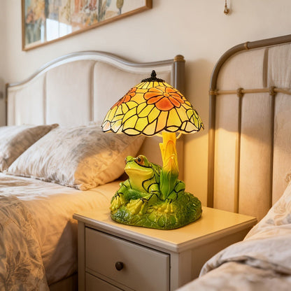 Table Lamp with 3D Frog Base, Floral Art-Glass Shade and Single Corded Decorative Design for Bedside Decor