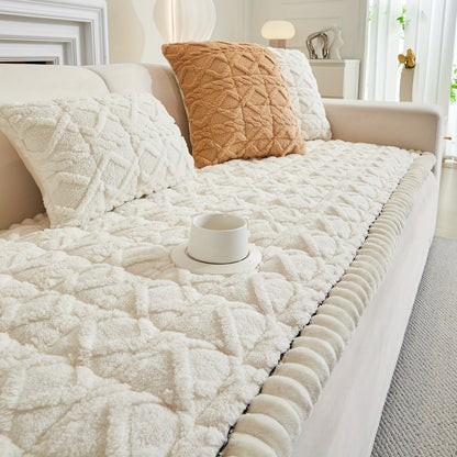Bohemian Quilted Sofa Cover with Ruffles - 300GSM Shu Velveteen Anti-Slip Pet Friendly Machine Washable Plush Slipcover for Loveseat 3-4 Seater Sectional Sofa, 5 Colors