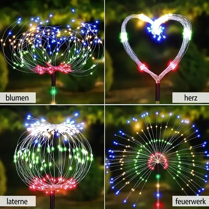 Solar Garden Lights 4-Pack Firework Stakes with 8 Modes in Warm White or Multicolor and Hanging Option