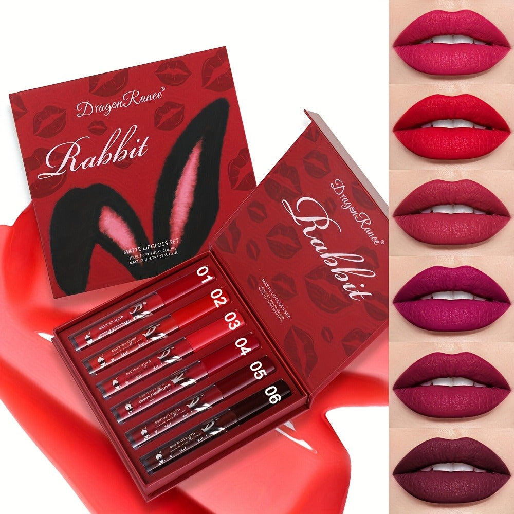 Lip Gloss Set by Dragon Ranee with 6 Red-Tone Matte Lip Colors, Tube Applicators and Gift Box