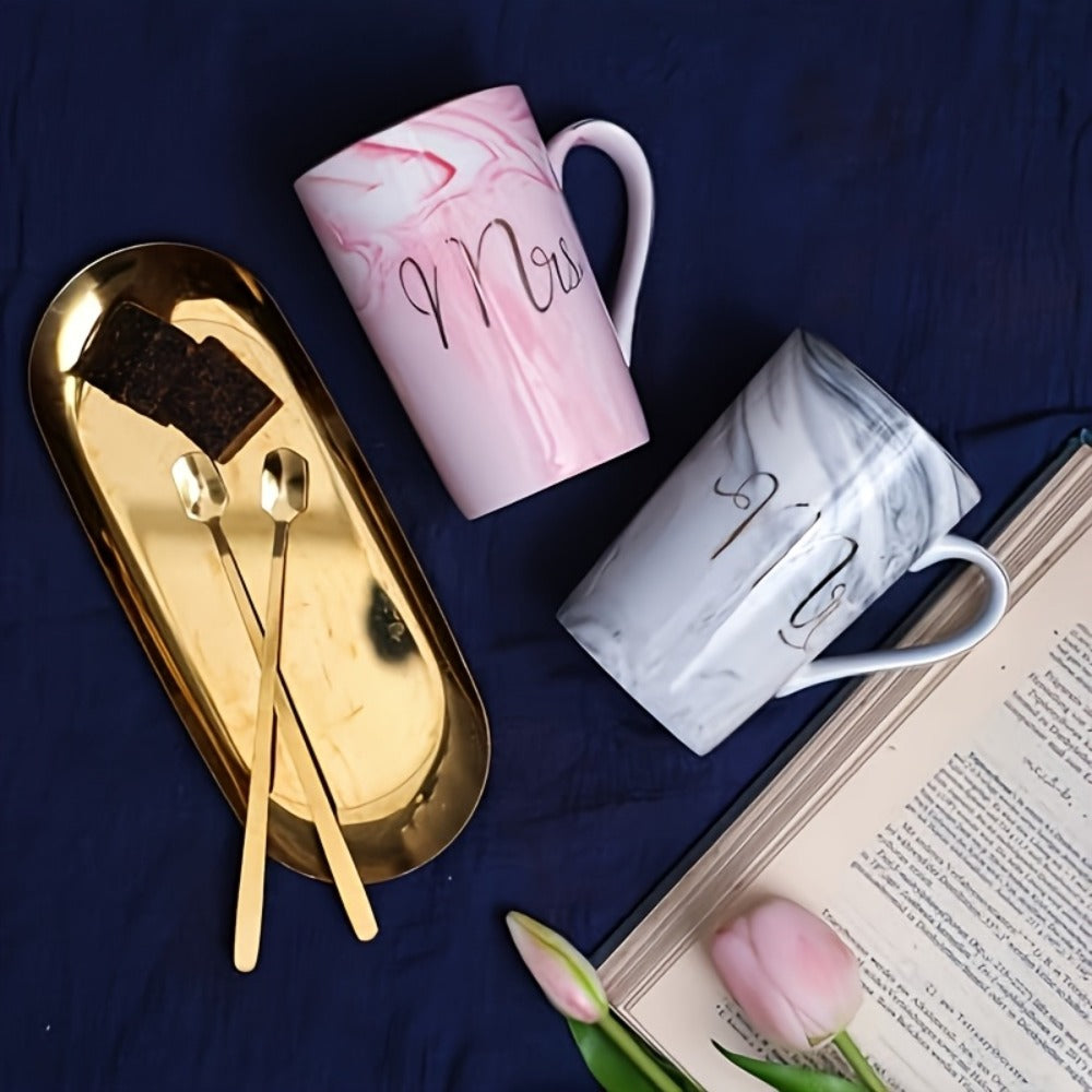 Mr and Mrs Mug Gift Set with Two 14 oz Grey and Pink Cups, Matching Spoons and Presentation Box