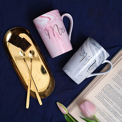 Mr and Mrs Mug Gift Set with Two 14 oz Grey and Pink Cups, Matching Spoons and Presentation Box