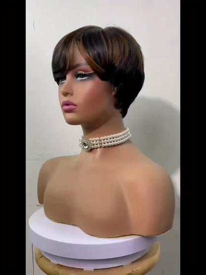 Synthetic Wig 10-Inch Bronze Ombre Pixie with Bangs, Straight Texture and Rose Net Cap for Daily Style
