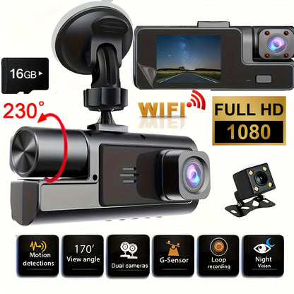 1080P-Labeled Dash Camera with Dual- or Triple-Lens Options, WiFi and 16GB, 32GB or No-Card Bundles