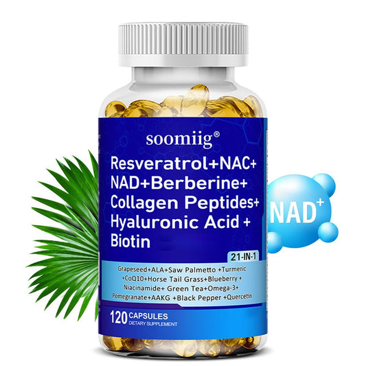 Resveratrol & NAC Supplement 120 Capsules with NAD, Collagen Peptides, Hyaluronic Acid, CoQ10, Quercetin & Omega-3 – Anti-Ageing, Mood, Hair, Nail & Eye Health for Women & Men