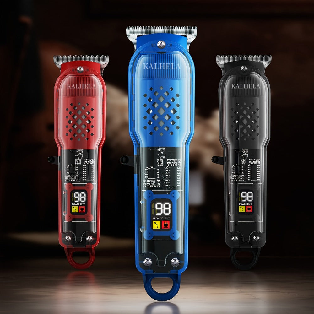 Retro Transparent Hair Clippers for Men – Electric Trimmer with LCD Display, USB Rechargeable Beard Clipper for Pompadour Fade Styles, Cordless Home Barber Tool, Red Black Blue