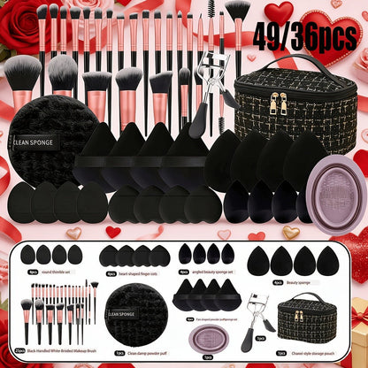Makeup Brush Set, 36- or 49-Piece Nylon Bristle Collection with Blending Sponges and Expandable Storage Box
