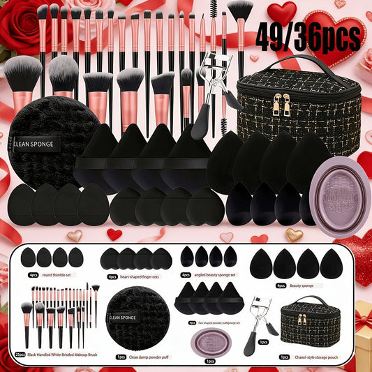 49Pcs Professional Makeup Brush Set Super Soft Nylon Bristles with Expandable Storage Box Concealer Contour Sponge Eyeshadow Powder Highlight Blending Kit Wet Dry Use Women Black Milky White