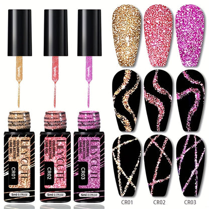 Reflective Line Nail Art Gel Set with Three 5ml LILYCUTE Bottles, Slim Liner Brushes and Two Color Group Options