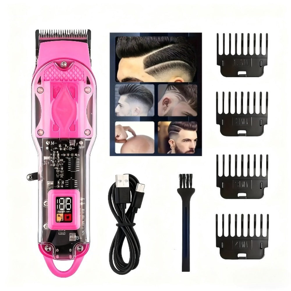 Transparent-Shell Hair Clipper with Digital Display, Six Single-Clipper Colors or Black Three-Piece Grooming Kit