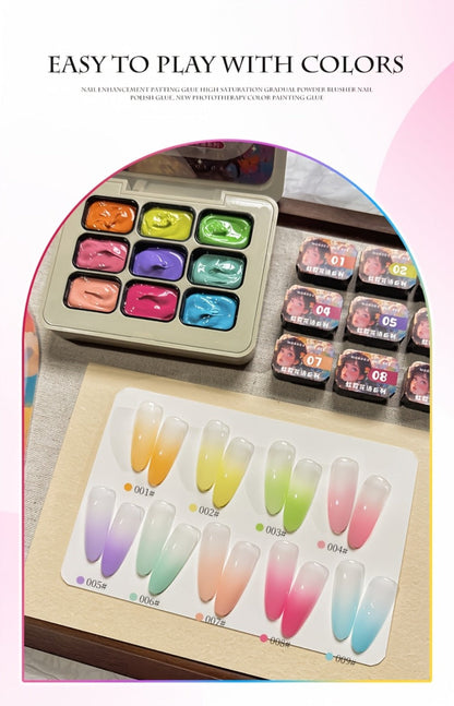 Gel Nail Polish MORDDA Nine-Color Rainbow Grid Set for Gradient and Ombre Manicure Art in One Compact Case
