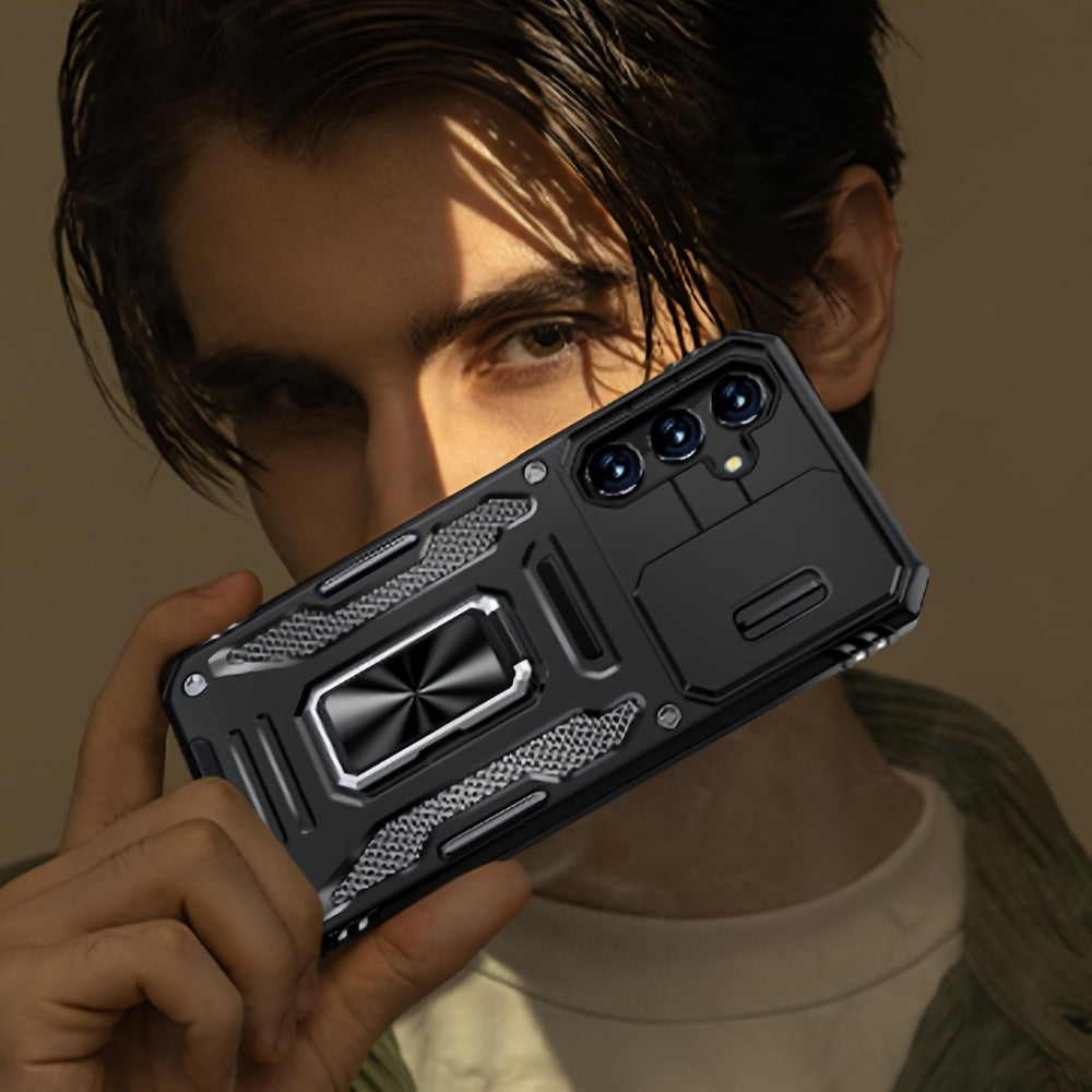 Samsung Galaxy Shockproof Magnetic Phone Case with 360° Rotating Ring Bracket & Sliding Lens Protector – Heavy Duty Cover for S24FE S23FE S22 S21FE Ultra A55 A54 A35 A34 A25 A24 A16 A15 A14 A06 A05 A05S 5G