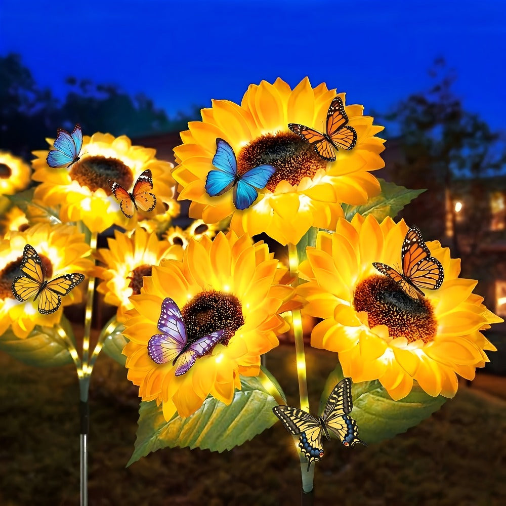 Solar Sunflower Garden Stake Lights, Four Assemblies with 12 Flowers and 8 Butterfly Clips