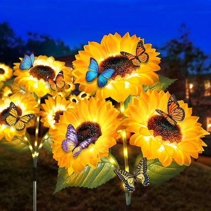 Solar Sunflower Garden Stake Lights, Four Assemblies with 12 Flowers and 8 Butterfly Clips