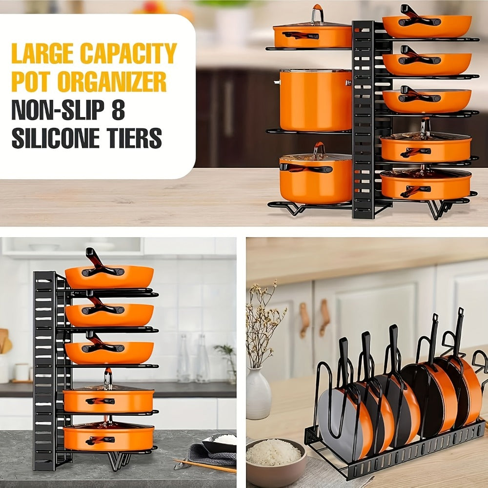 Pot and Pan Organizer 8-Tier with Lid Rack - Kitchen Cabinet Storage Rack for Cookware Pots Pans Lids and Utensils, Space Saving Vertical Cookware Organizer for Cabinet Pantry and Counter, Available in 1 or 2 Pack