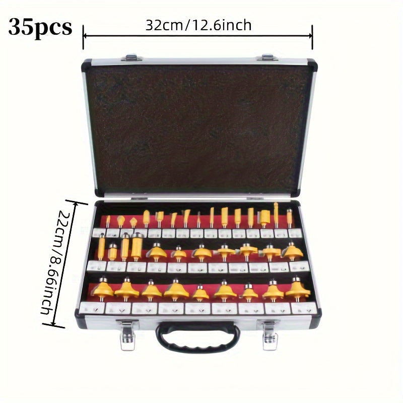 Carbide-Tipped Router Bit Set with 1/4-Inch Shanks and Metal Case in 24- or 35-Piece Options