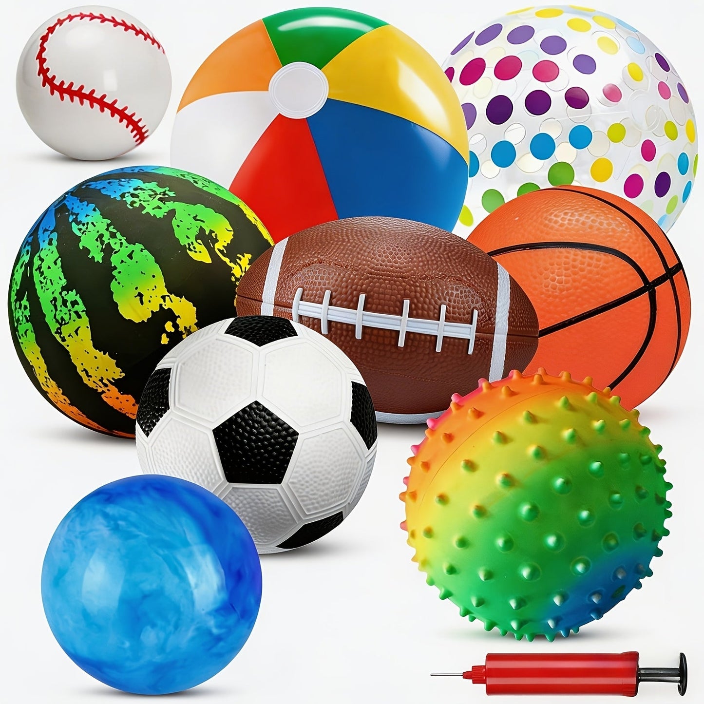 Nine-Piece Kids Playground Ball Set with Air Pump and Assorted Indoor or Outdoor Sports Ball Designs