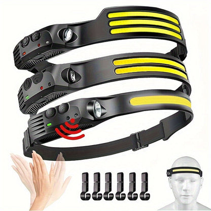 Three-Pack COB and LED Headlamps with 230° Beam, Five Modes, Motion Sensor and Six Hooks Included