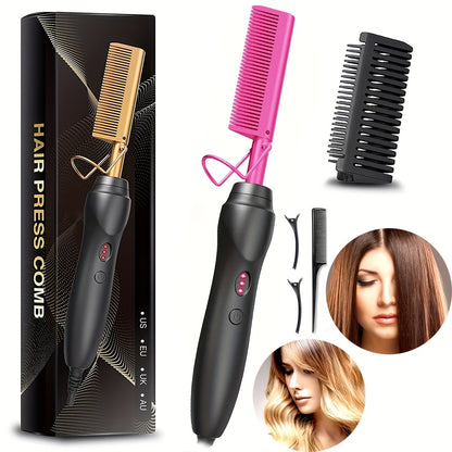 Hot Comb Hair Straightener Electric Ceramic – Portable Anti-Burn Press Comb for Natural Hair & Beard Straightening – Pink, Gold, Black, Gradient, Avocado Green