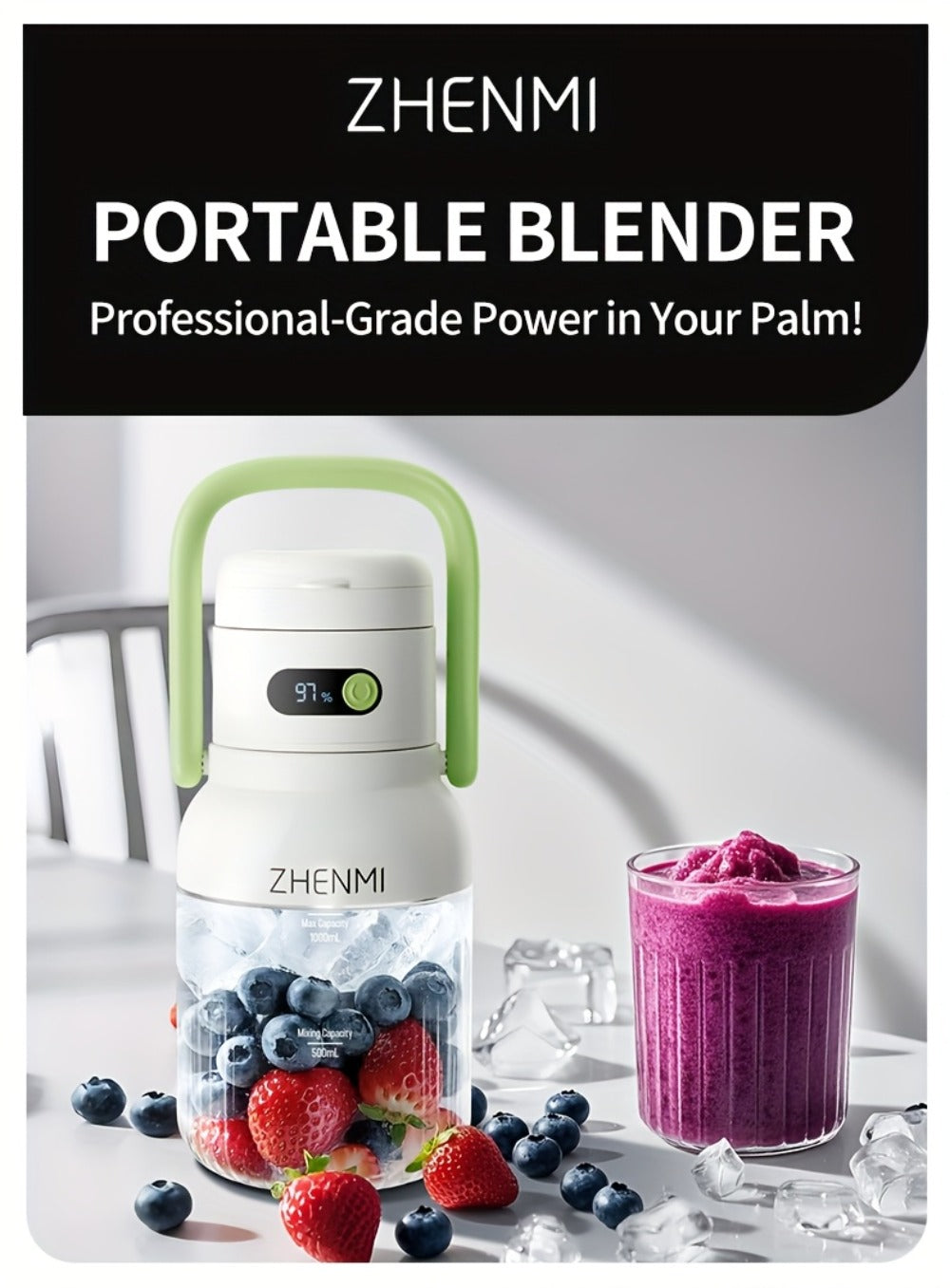 Cordless Portable Blender 33oz USB Rechargeable - Ice Crushing Blender for Smoothies & Shakes