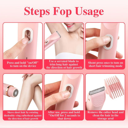 Electric Hair Trimmer for Women Dual Head IPX7 Waterproof USB Rechargeable Painless Bikini Trimmer Face Body Shaver Arms Legs Underarm Bikini Line Sensitive Skin Pink Special Edition Gift Set