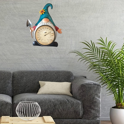 Metal Gnome Analog Thermometer Wall Decor with Teal Hat, Flower Accent and Round Temperature Dial