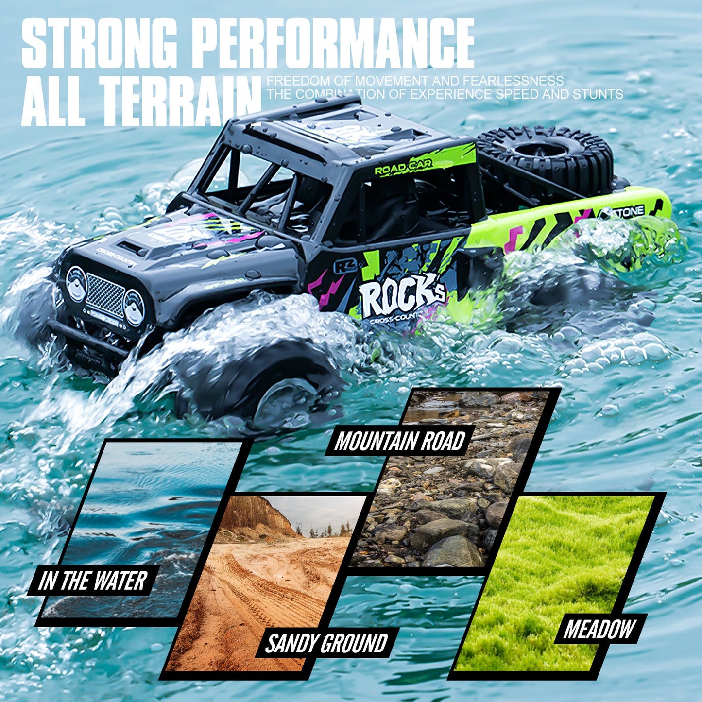 RC Monster Truck or Pickup 1:16 Scale in Five Body and Color Styles with 4WD Layout and Two Rechargeable Batteries