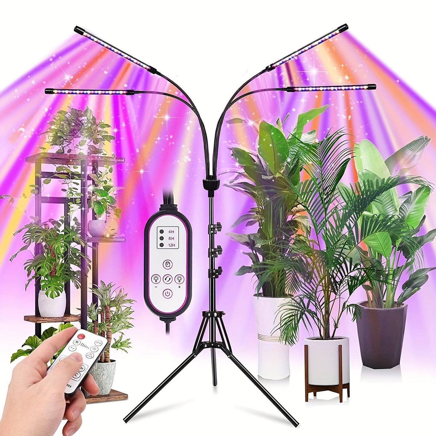 Remote Control Grow Light 4/5 Head Red Blue White Full Spectrum | 29-61'' Adjustable Tripod Stand Auto Timer | Indoor Plants Wireless Floor Lamp